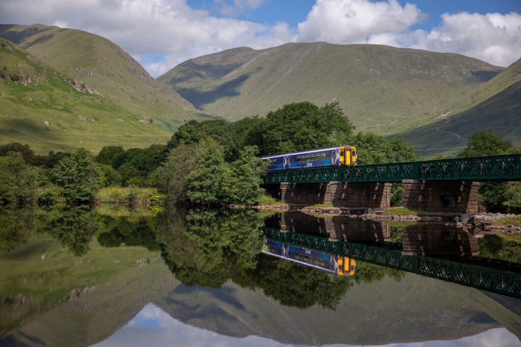 west highland line train crossing loch awe scotland