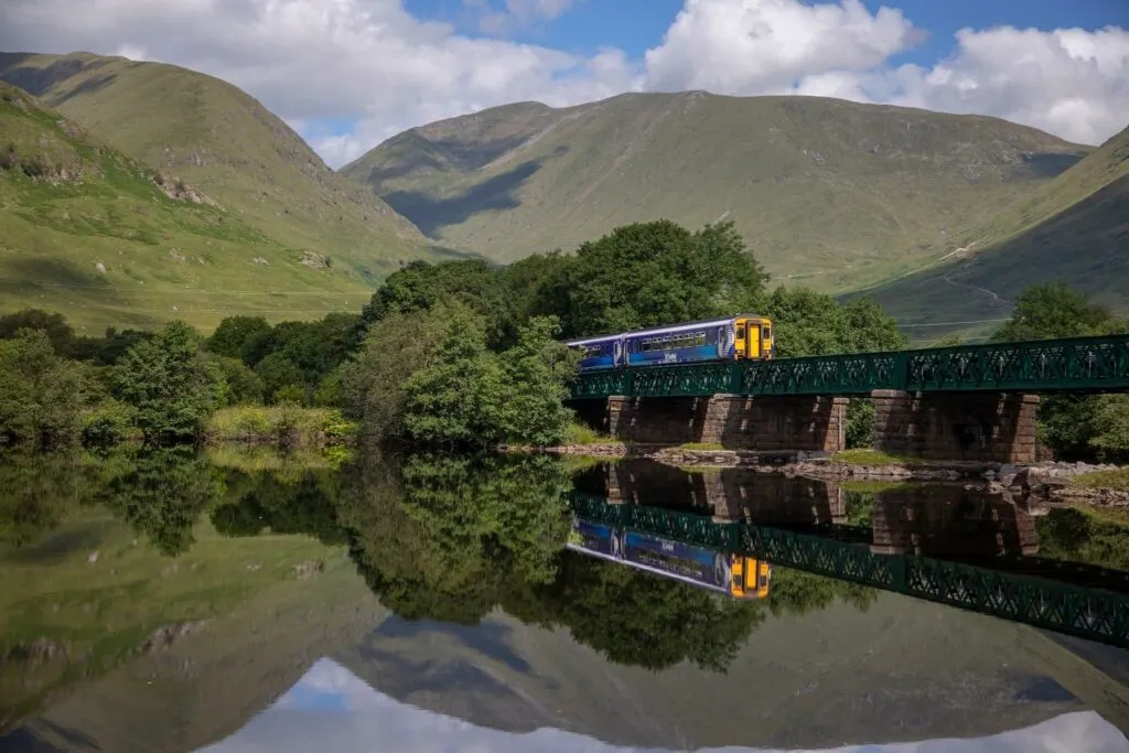 west highland line train crossing loch awe scotland