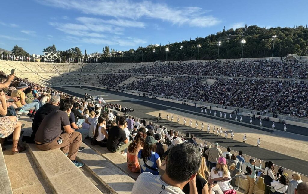 The Panathenaic Stadium in Athens during the Olympic torch relay ceremony