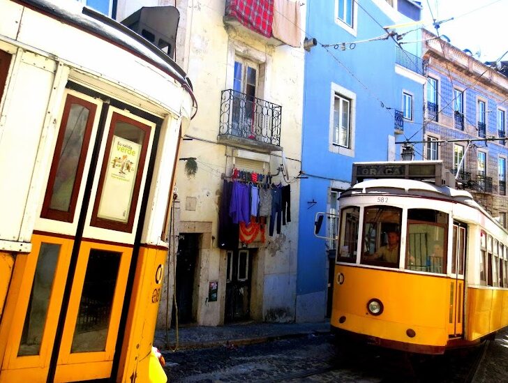 trams in graca alfama in lisbon old town portugal