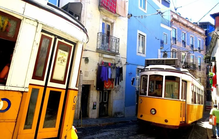 trams in graca alfama in lisbon old town portugal