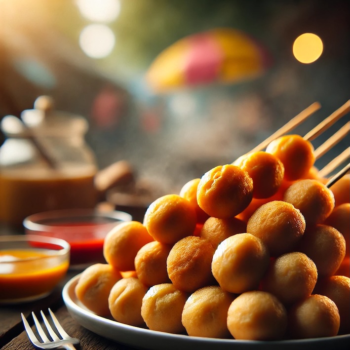 Fish Ball Skewers on Metal Serving Plate in Restaurant. 