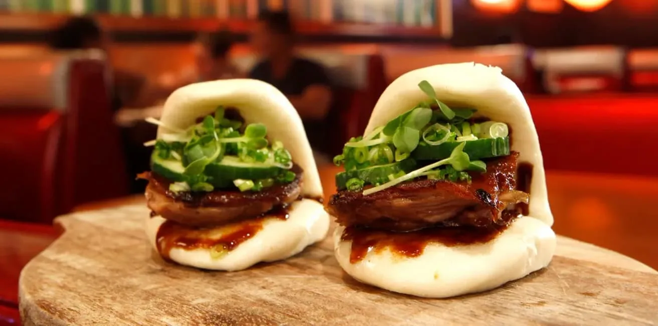 pork belly bao buns with salad at fat choy asian fusion restaurant off the strip in las vegas nevada usa