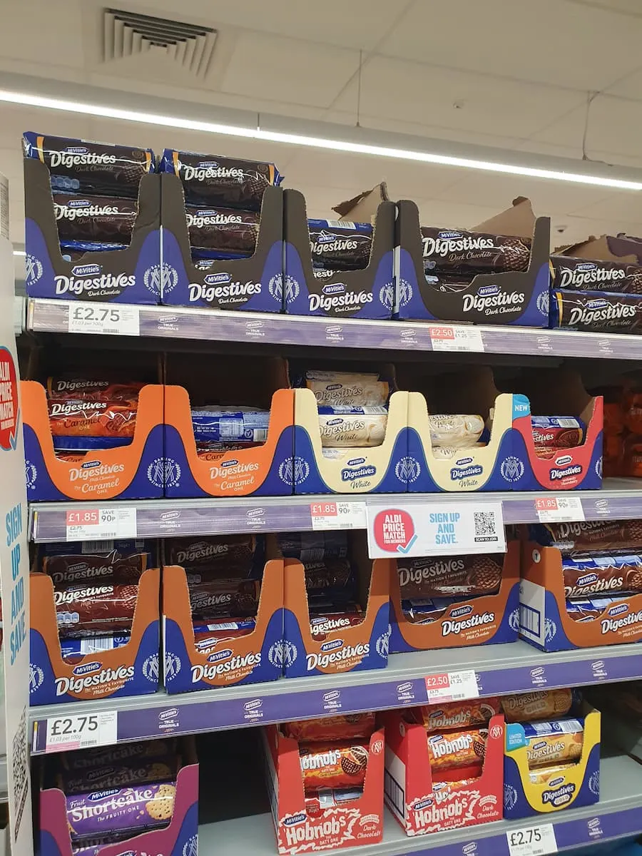 a selection of digestive biscuits on a supermarket shelf in lerwick scotland uk