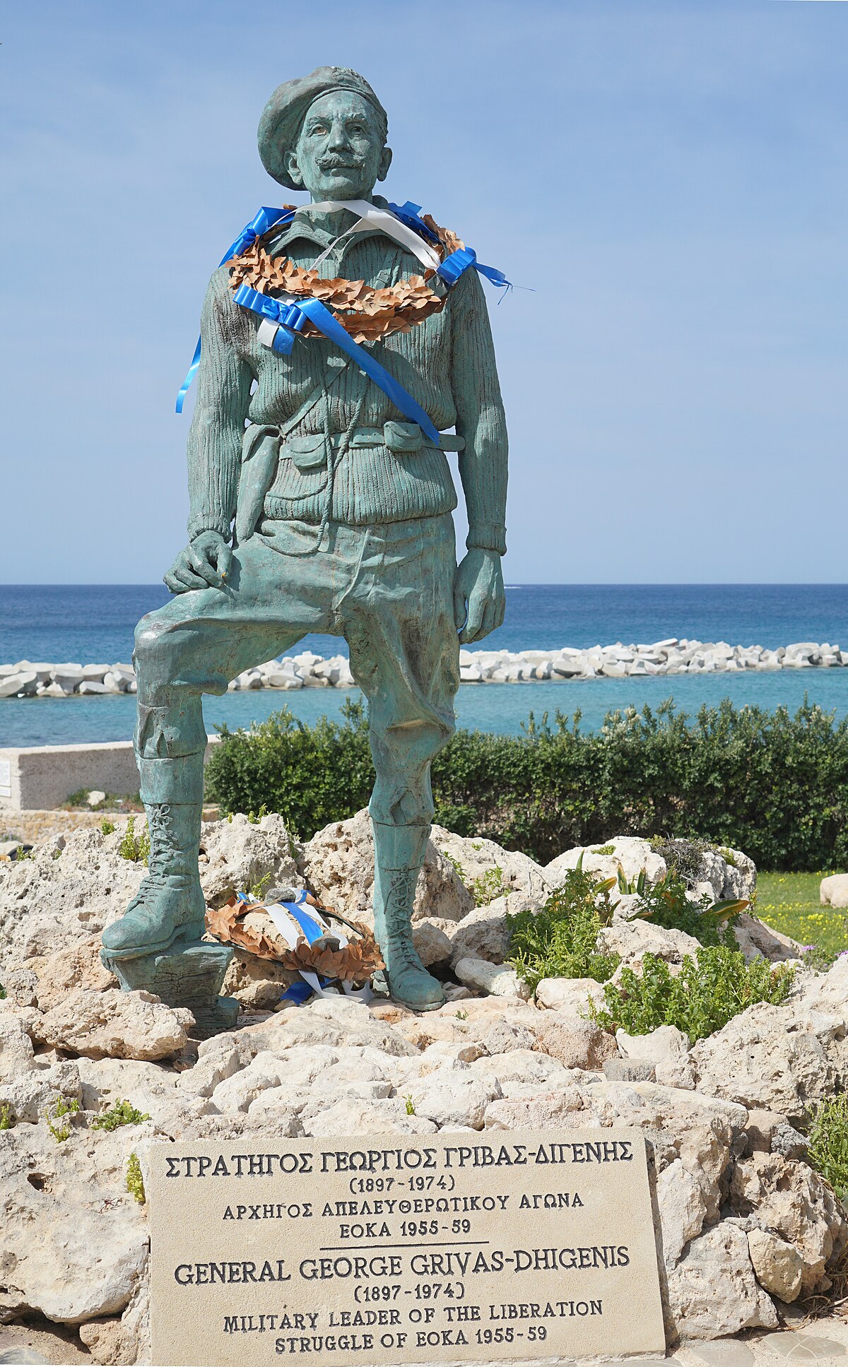 a statue depicted cypriot rebel georgios grival in paphos cyprus