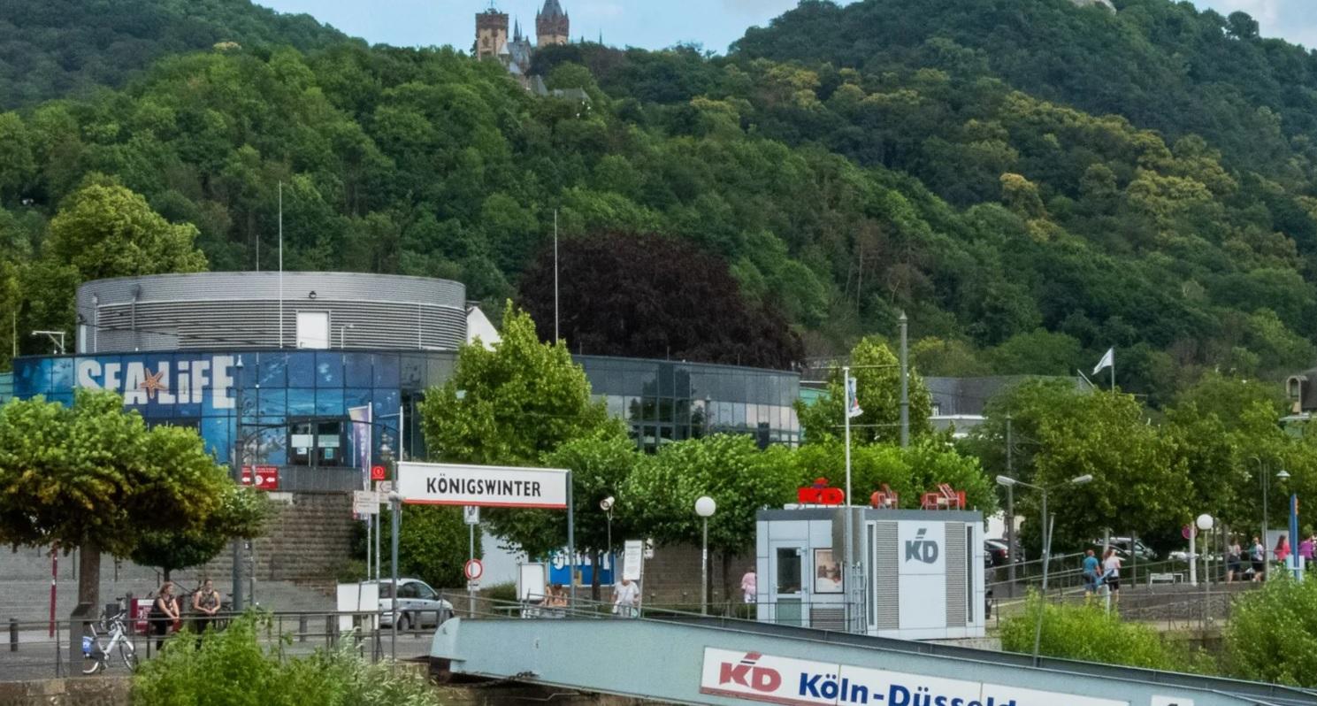 Mooring of a ferry by Königswinter town, below hill Drachenfels