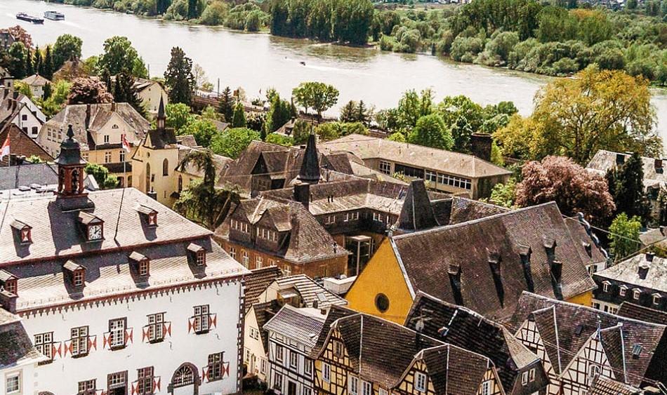 Linz am Rhein seen next to river Rhein from above