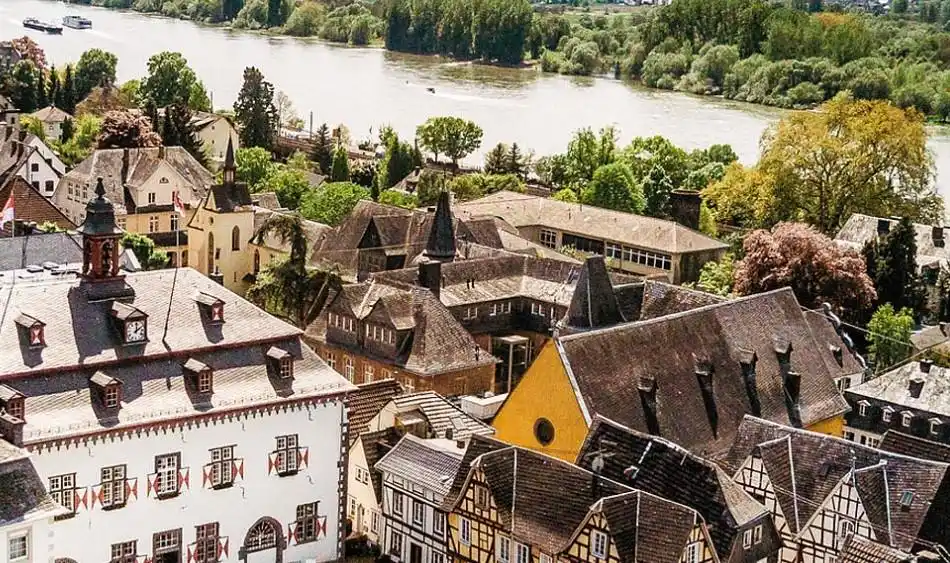 Linz am Rhein seen next to river Rhein from above