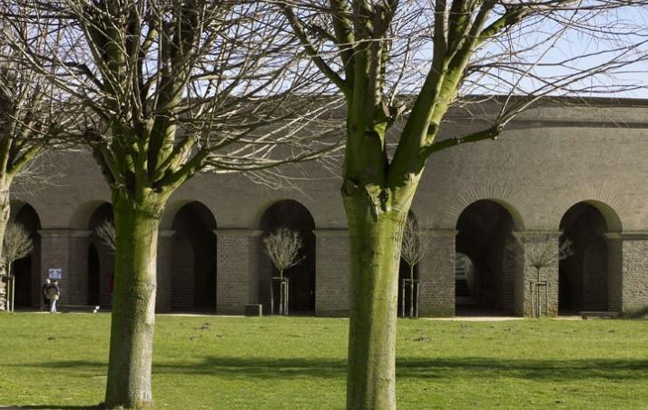 Roman amphitheatre seen behind trees at Xanten's Archaeological Park
