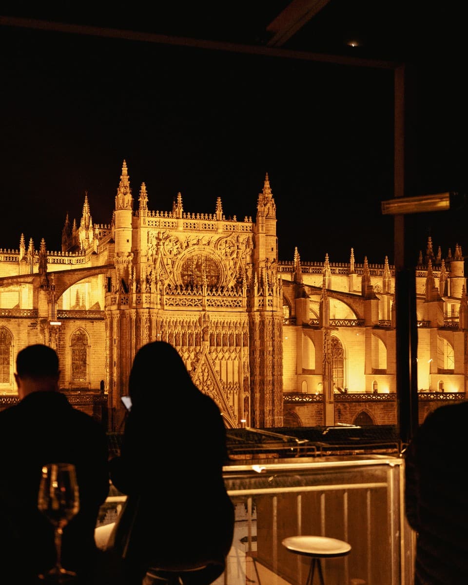 The cathedral at night from this rooftop bar
