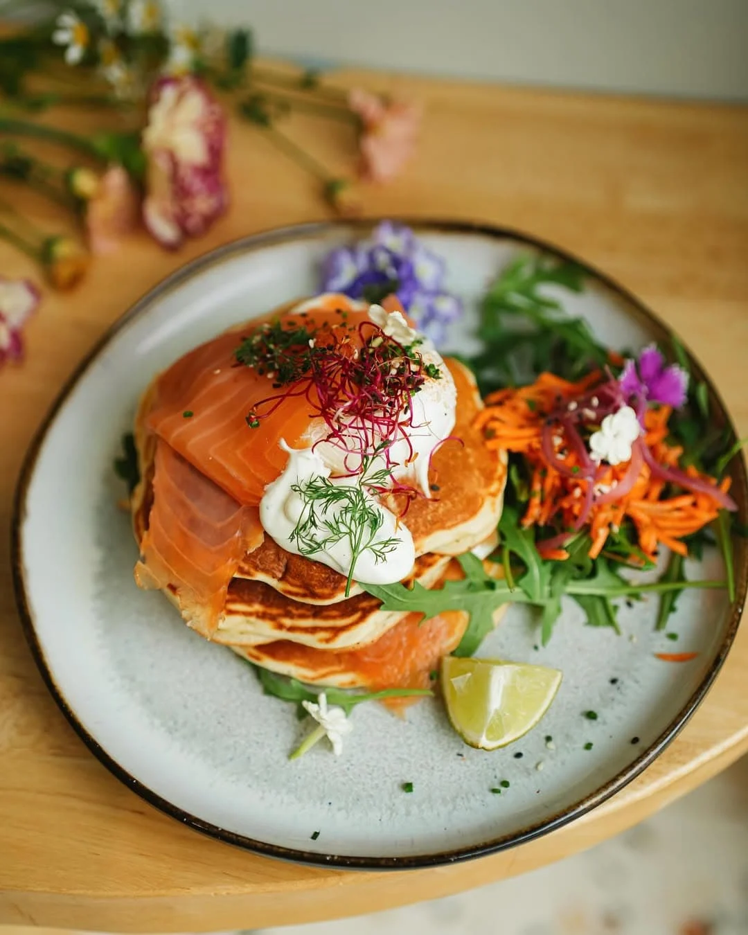 Salmon pancake stack