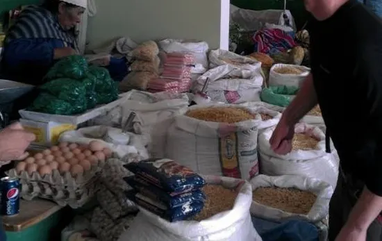 Beans, eggs and other goods on sale at a Bolivian market.