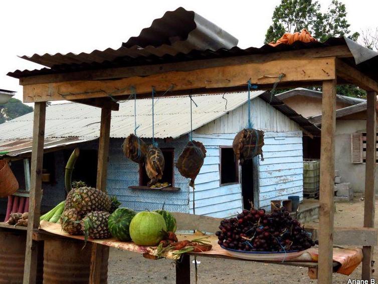 Fruits and bushmeat hanging outside a building in Equatorial Guinea