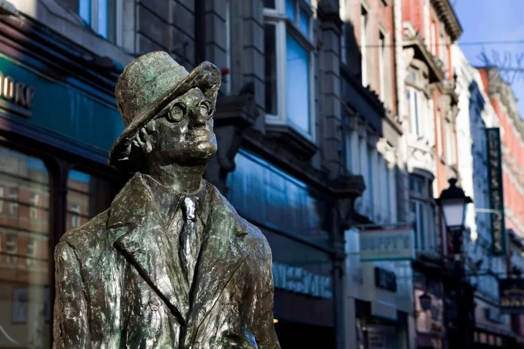 a statue of james joyce on north earl street in dublin ireland