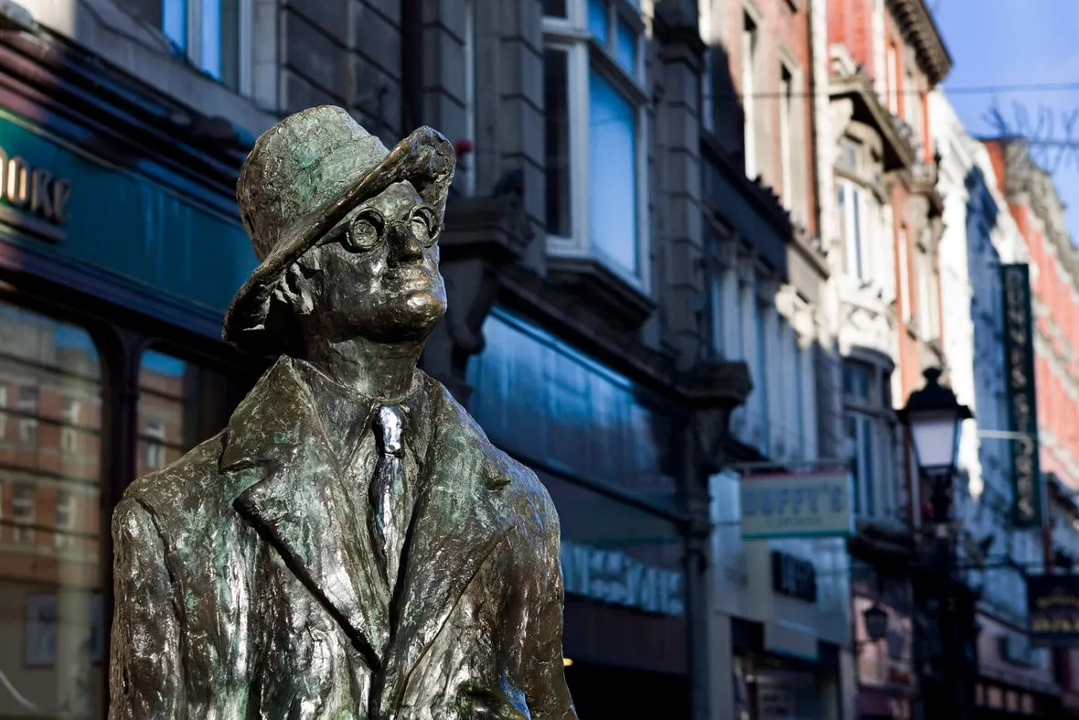 a statue of james joyce on north earl street in dublin ireland