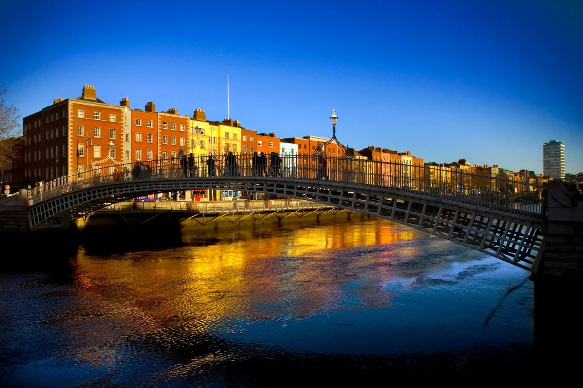 pedestrians on a bridge crossing the river liffey in dublin ireland