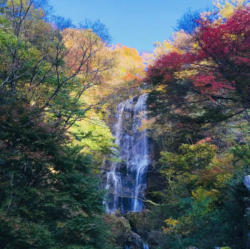 Autumn colors waterfall in rural Kyushu, Japan