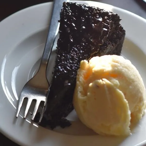 Plate with mud cake and ice cream at a cafe in Kathmandu 