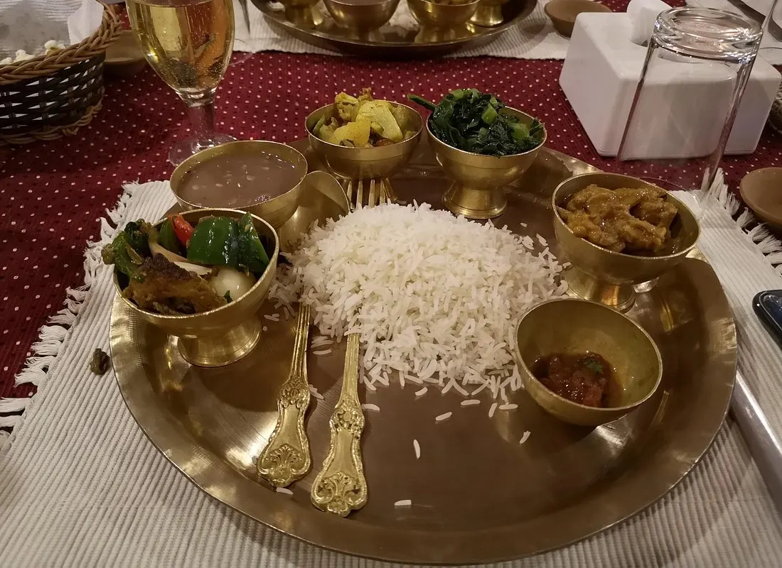 Nepalese dinner on a thali-style plate