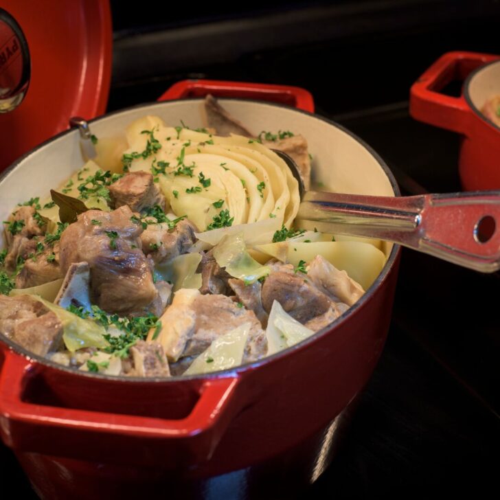 a red porcelain dish containing farikal a norwegian food dish of mutton and cabbage