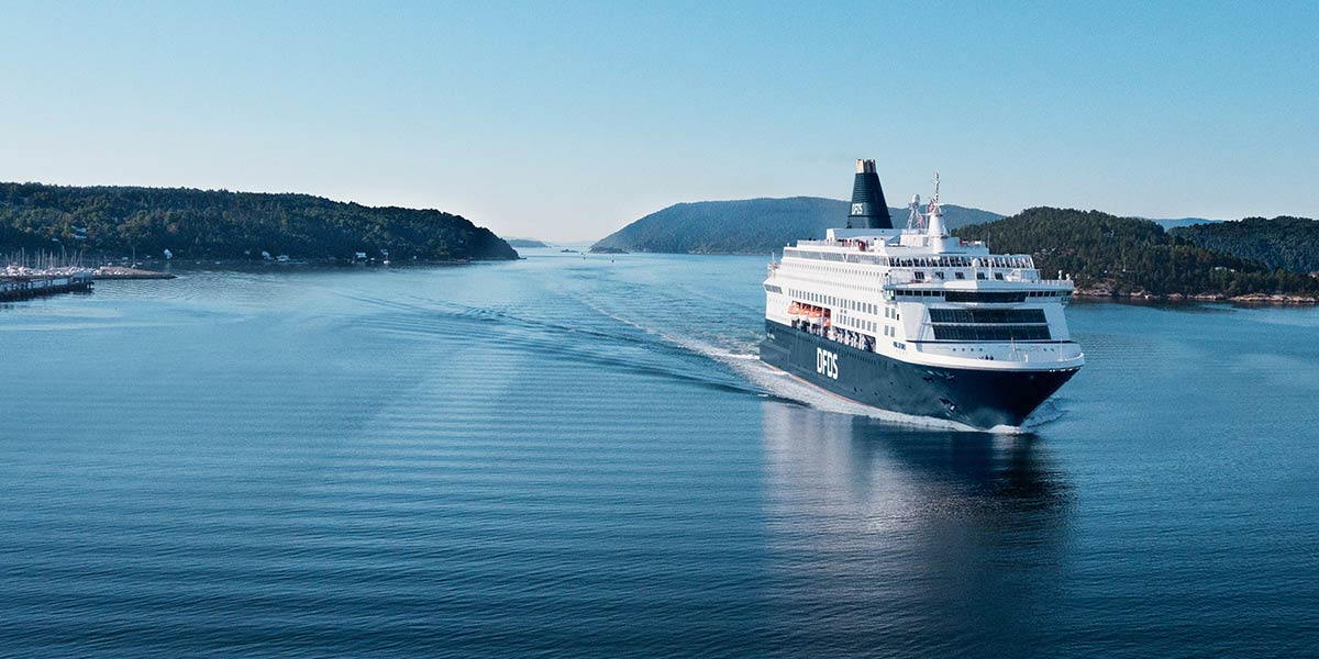a dfds ferry from copenhagen sails through oslofjord en-route to oslo norway