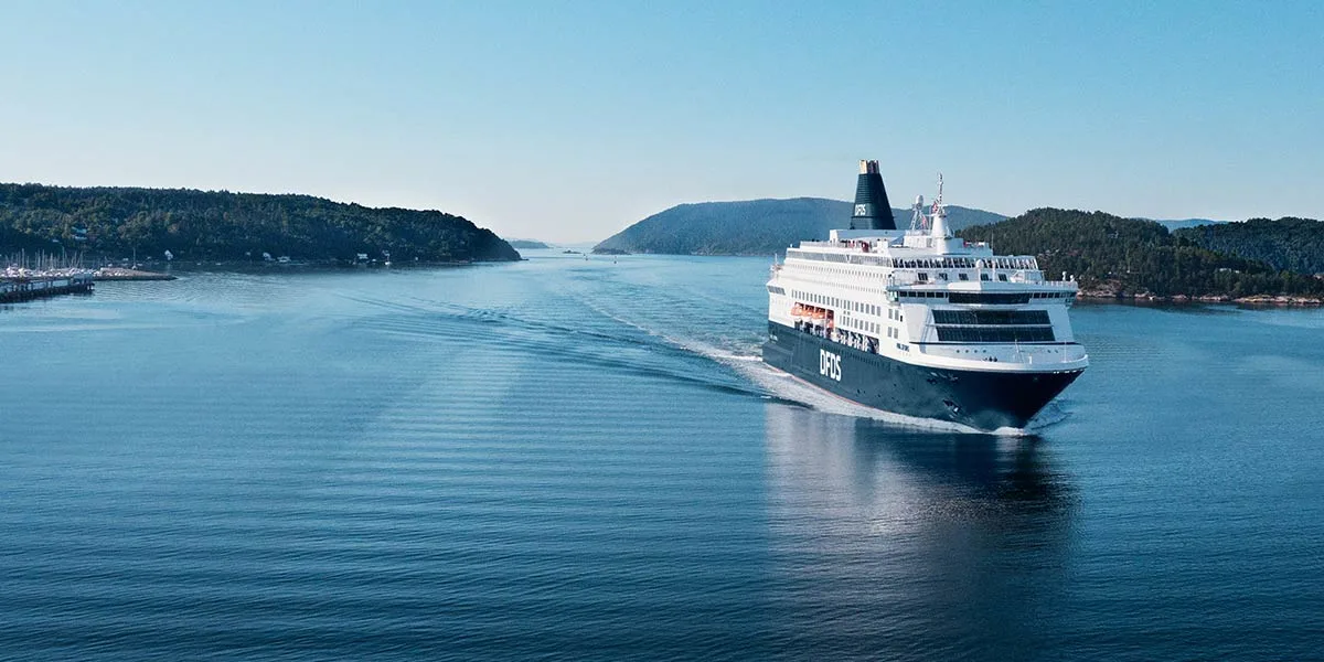 a dfds ferry from copenhagen sails through oslofjord en-route to oslo norway
