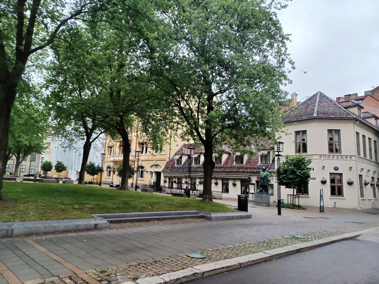 medieval buildings and trees in the old town of oslo norway
