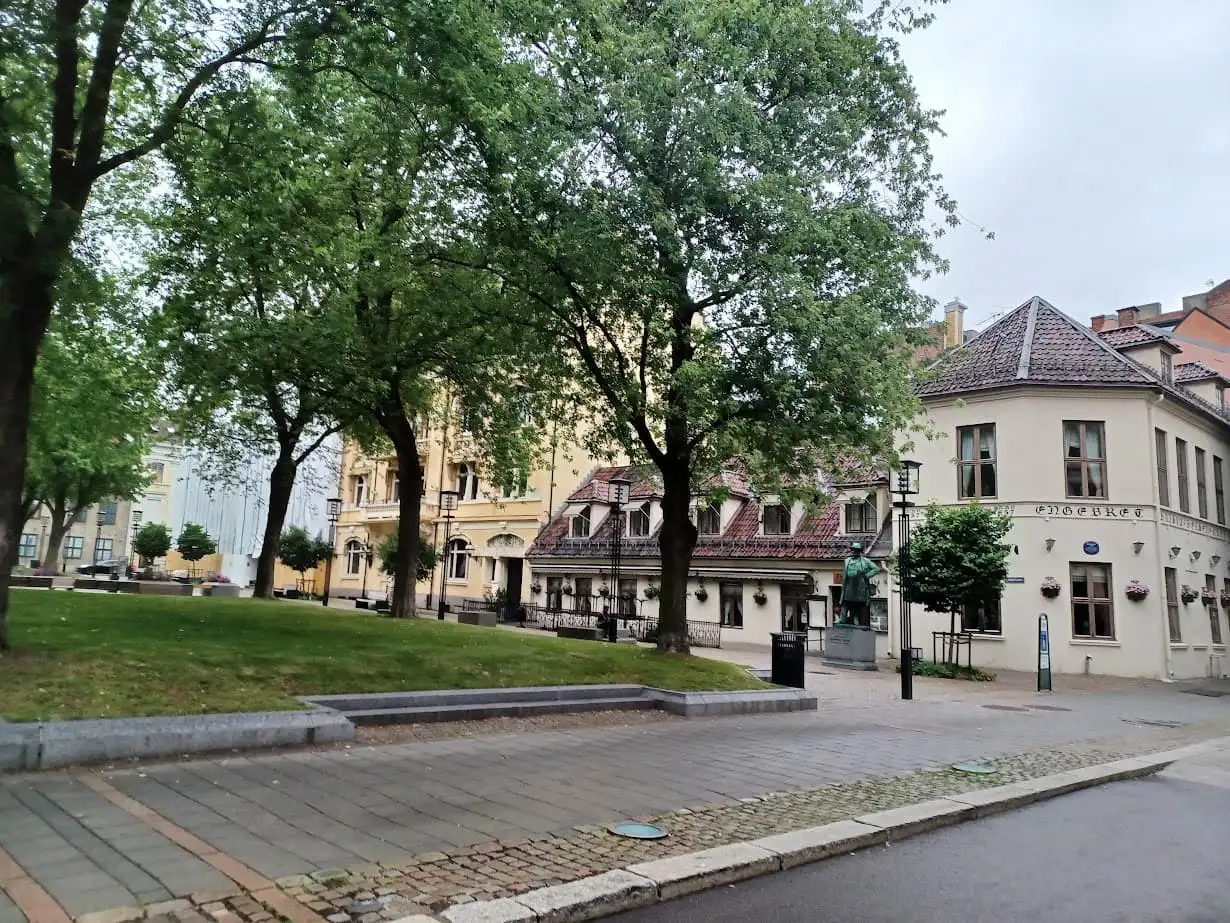 medieval buildings and trees in the old town of oslo norway