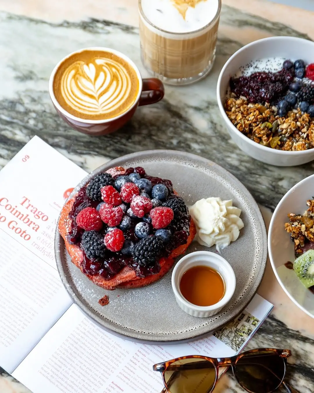 Pancake berry stacks, granola and coffee
