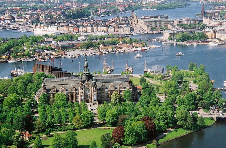 the nordic museum on djurgarden island in stockholm sweden seen from above with stockholm bay in the background