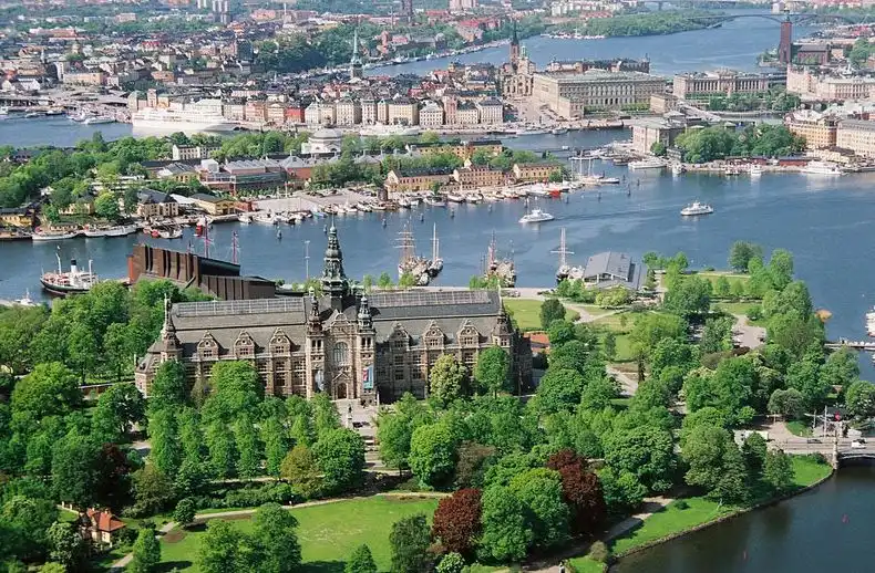 the nordic museum on djurgarden island in stockholm sweden seen from above with stockholm bay in the background