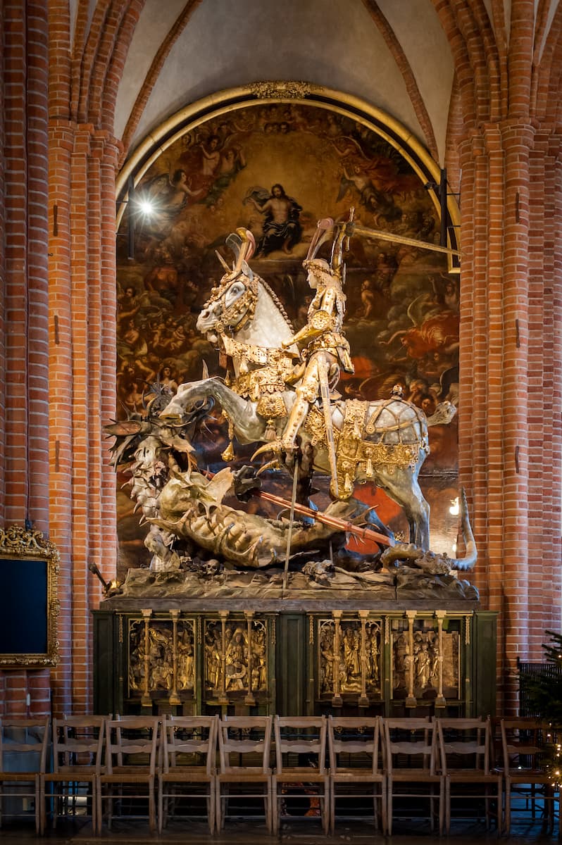 a wooden statue of saint george and the dragon at storkyrkan church in gamla stan stockholm old town sweden