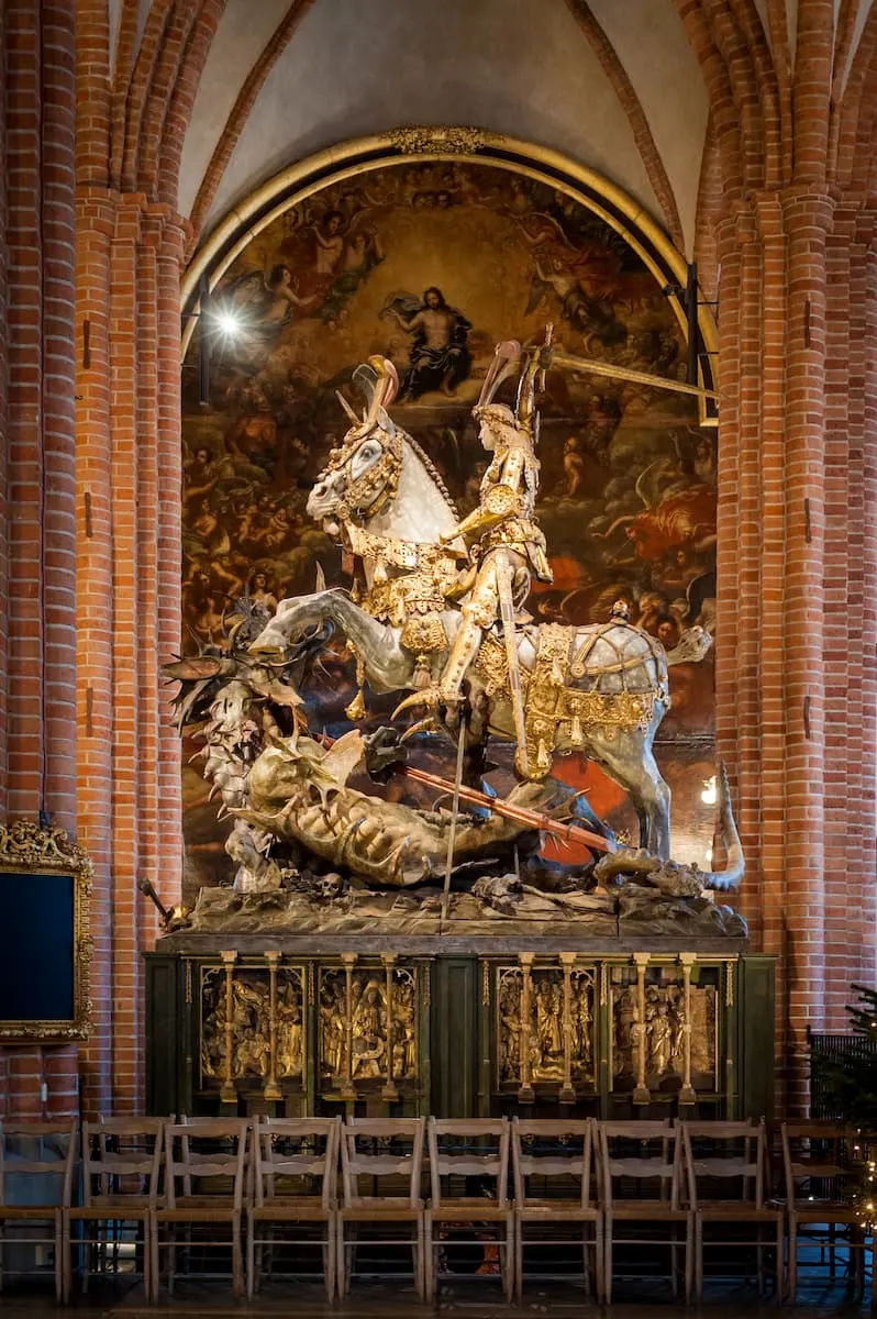 a wooden statue of saint george and the dragon at storkyrkan church in gamla stan stockholm old town sweden