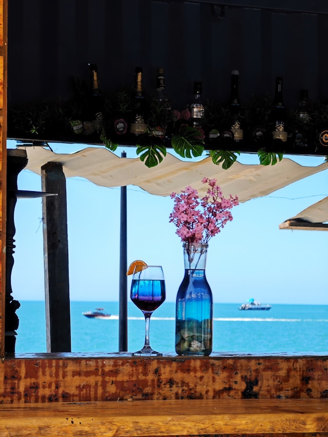 a vase with pink flowers next to a glass of red wine overlooking the black sea in sokhumi georgia