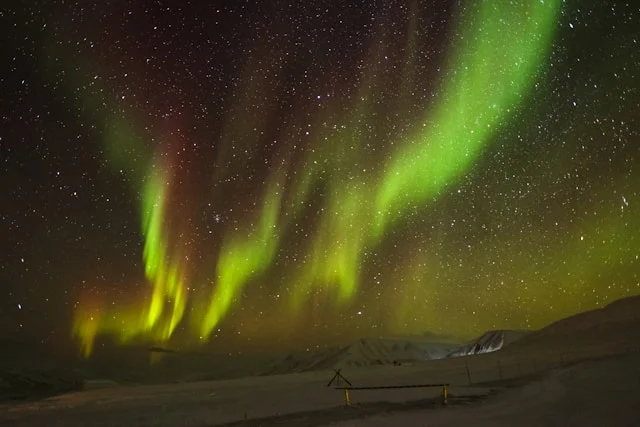 the northern lights aurora borealis in the sky above svalbard norway