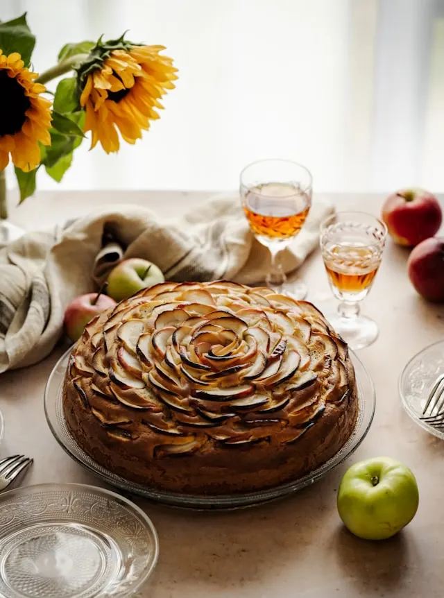 irish apple cake topped with sliced apples next to a glass of wine and a green apple