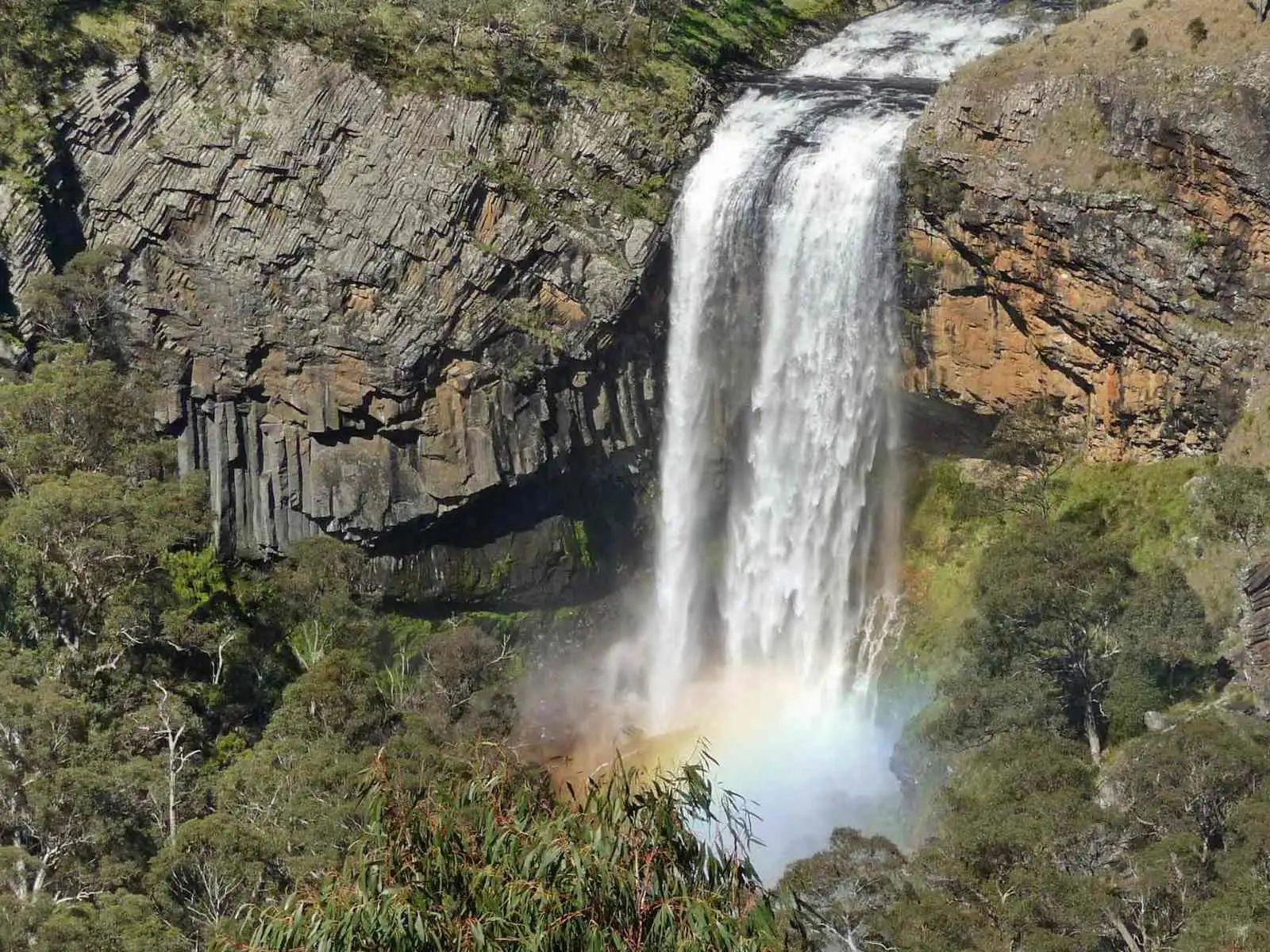 A tall waterfall running down a cliff above a forest