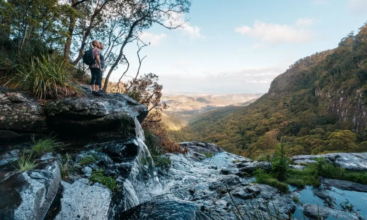 People standing by a waterfall at a forest