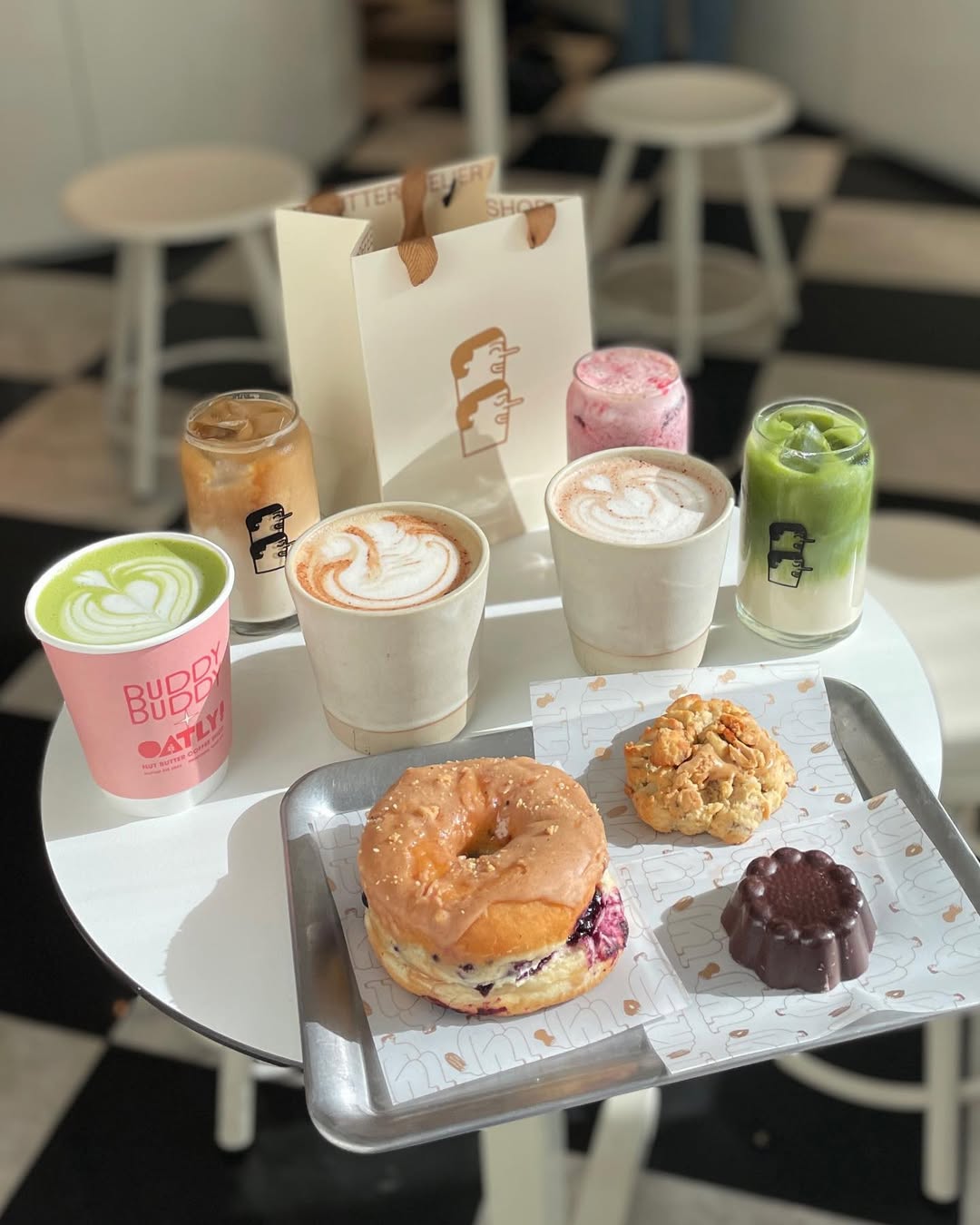 A selection of hot and cold coffees and matcha