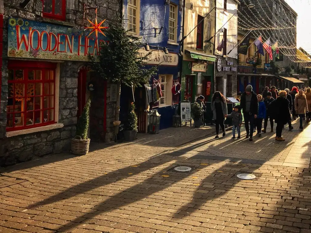 medieval buildings on a cobbled street in the latin quarter of galway ireland