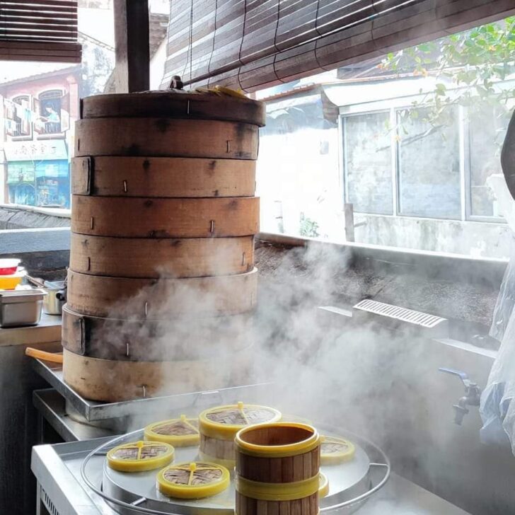 The rice flour buns are cooked in traditional Asian steaming baskets