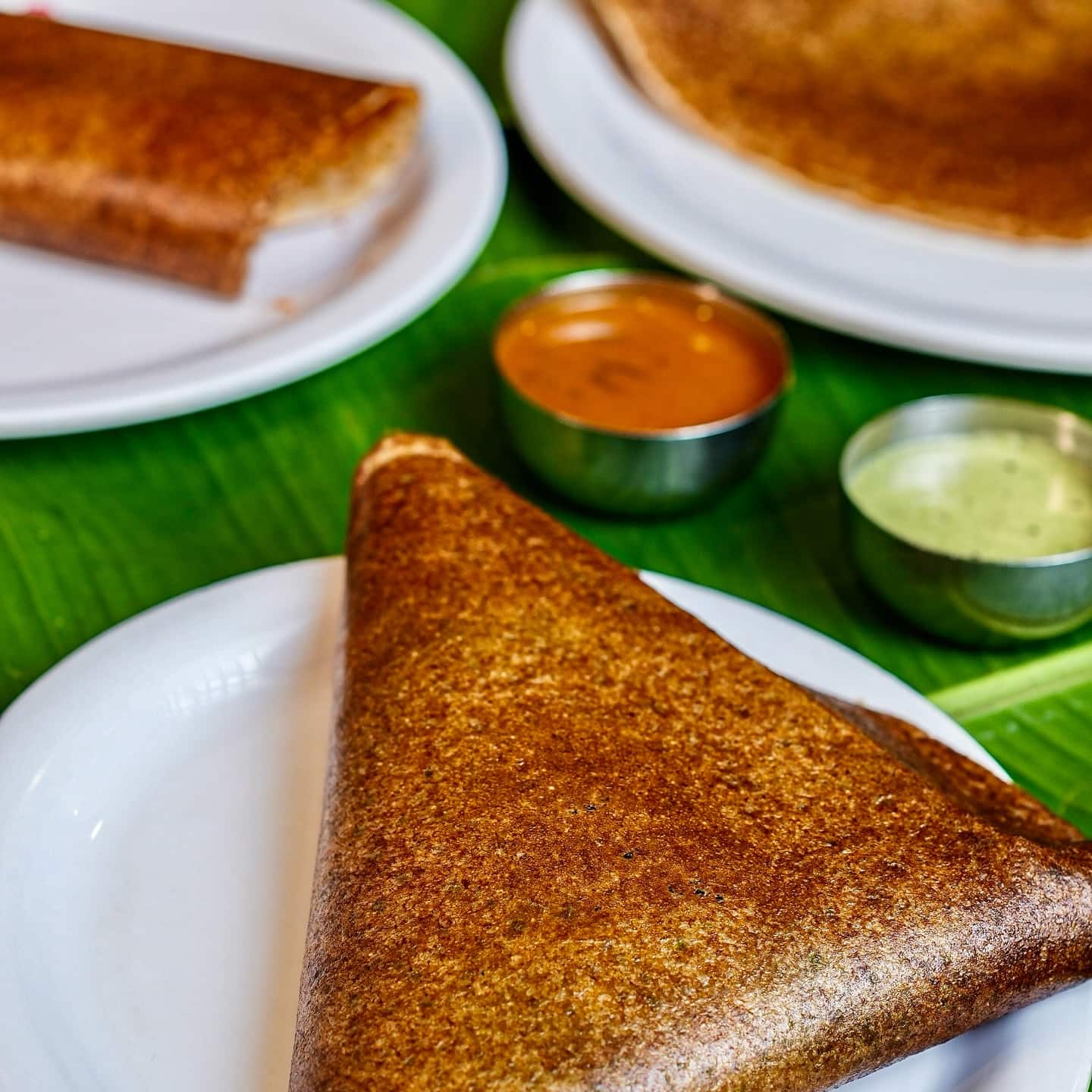 Dosa are sometimes folded into a triangle shape