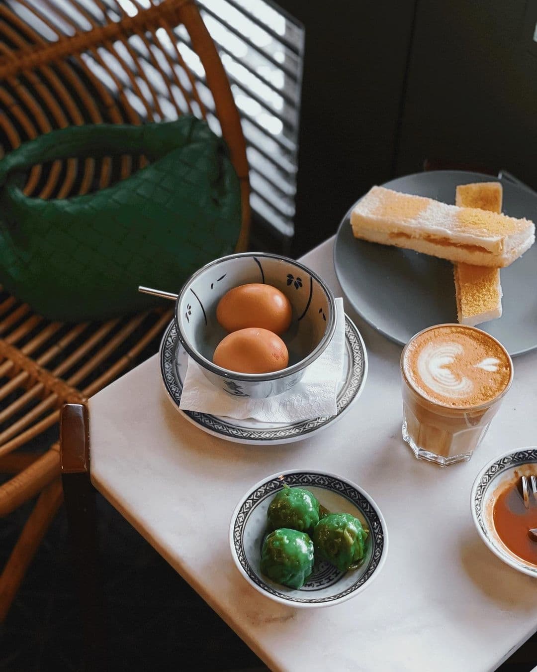 Kaya toast with boiled eggs and coffee