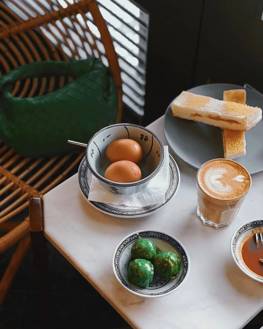 Kaya toast with boiled eggs and coffee