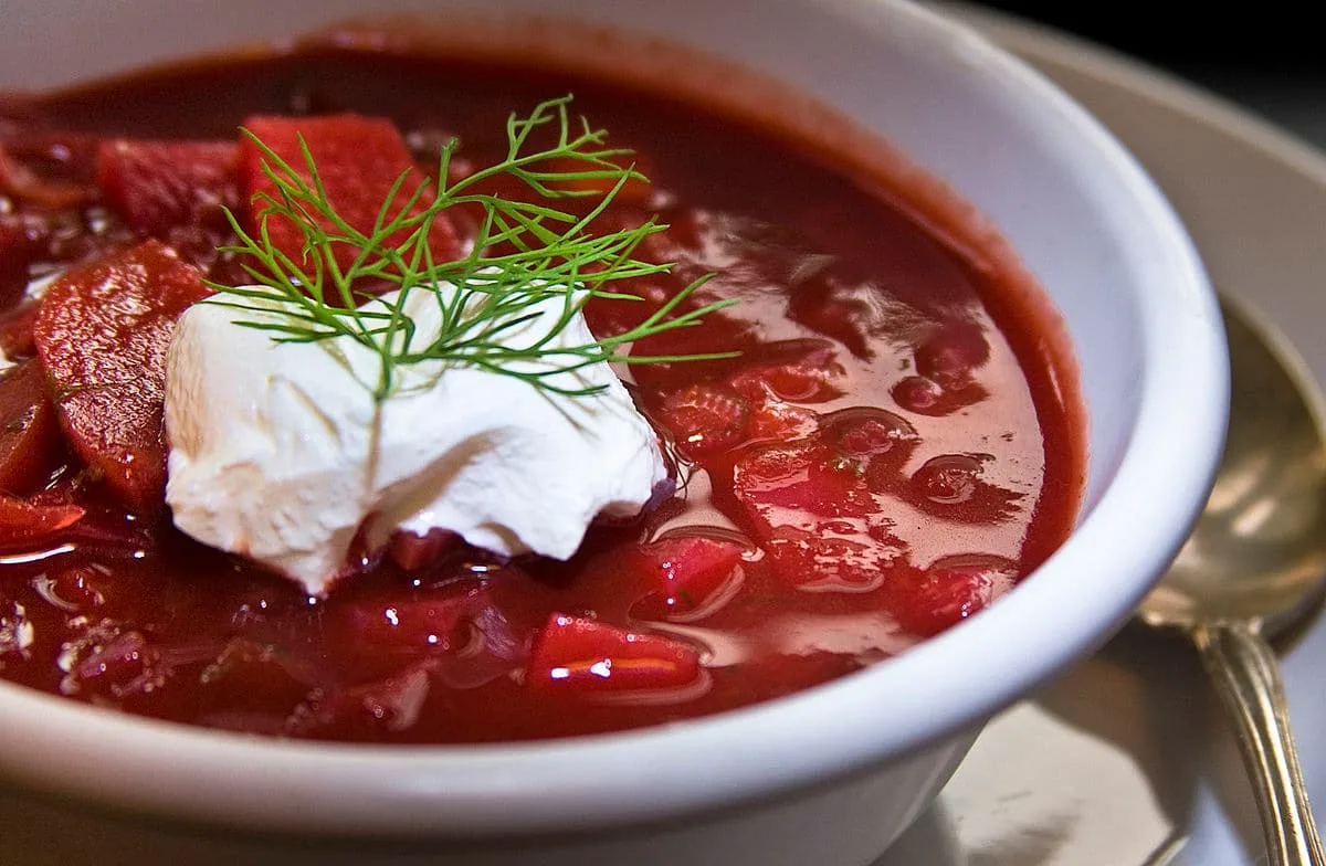 a white bowl containing borscht a purple beetroot sour soup popular in eastern europe it is a traditional food in moldova