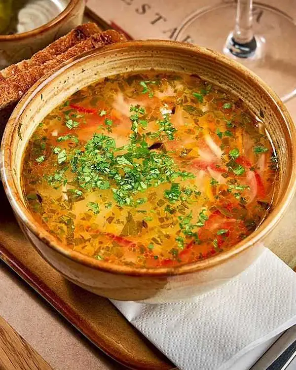 a brown bowl containing zeema chicken soup a traditional food in moldova