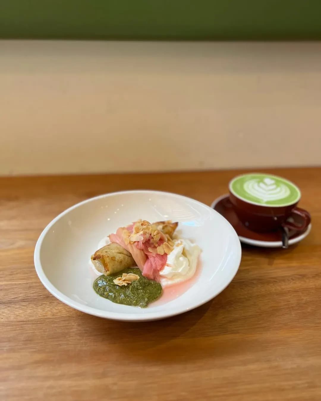 Crispy savory crepe with a matcha latte