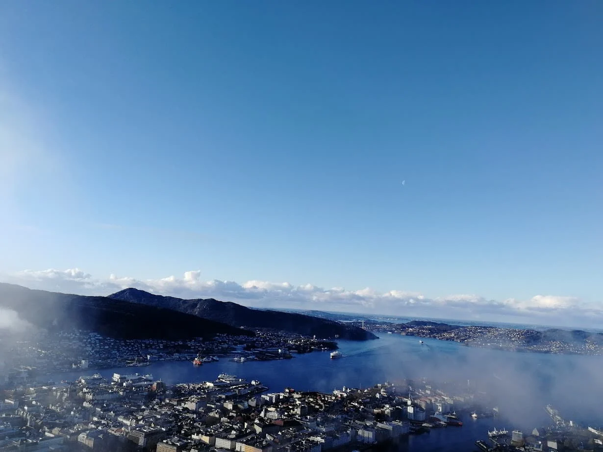 aerial view of bergen harbour from mount floyen bergen norway