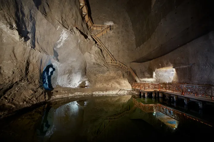 an undergound lake in wieliczka salt mine near krakow poland