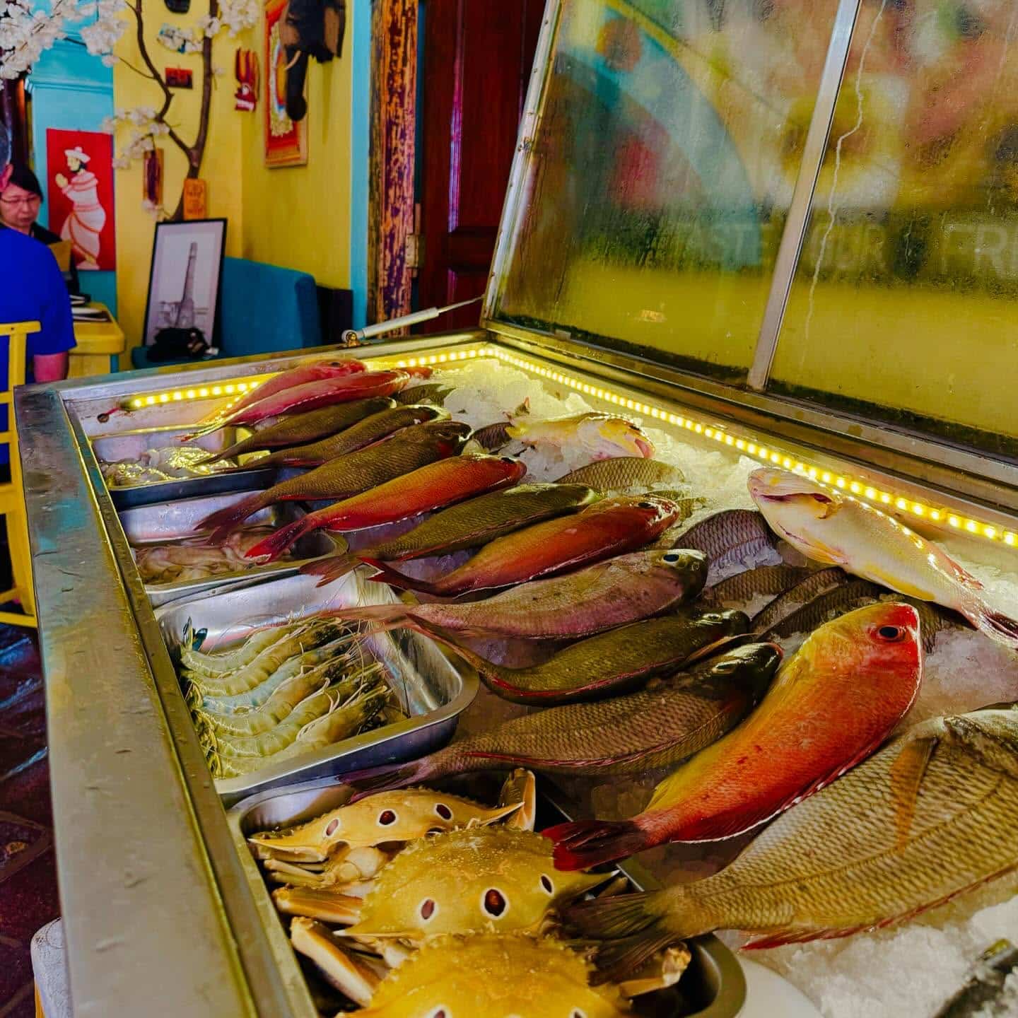 Take your pick from the selection of freshly caught seafood on ice